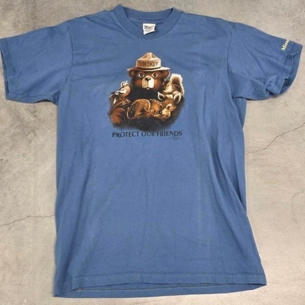 Vintage 90s Blue Smokey the Bear Missouri animal nature habitat T-shirt size L